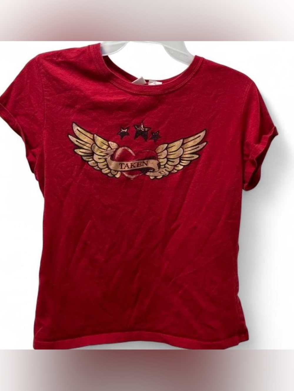 Vintage Red Graphic Tee with Winged Heart and Stars Taken